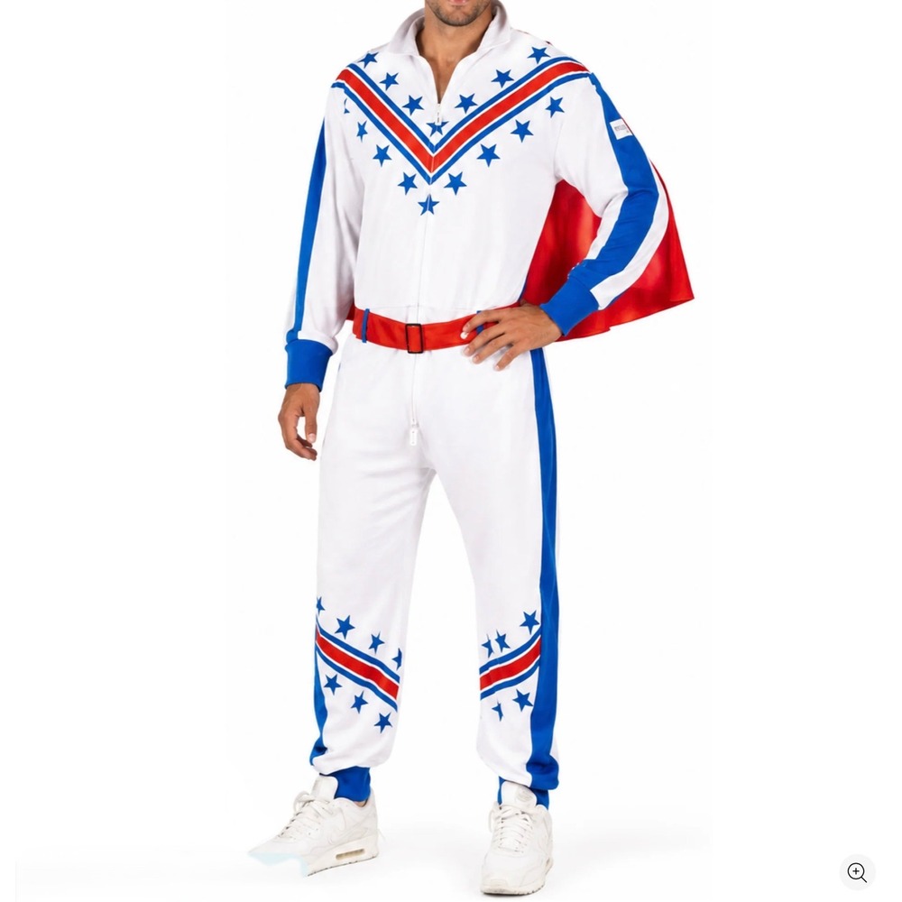 Tipsy Elves Evel Knievel Jumpsuit Costume Red White Blue Star Cape Mens XXL